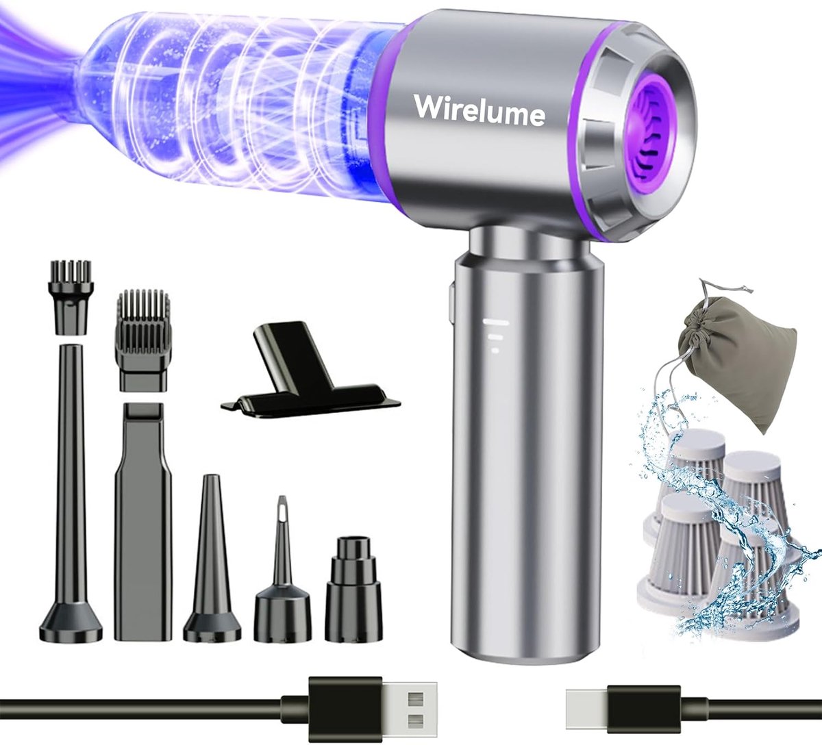 Draadloze Kruimeldief - Handstofzuiger 22000Pa - Oplaadbare Auto Stofzuiger - HEPA Filter - USB-C - Inclusief Opzetstukken - Paars (9503886213133)